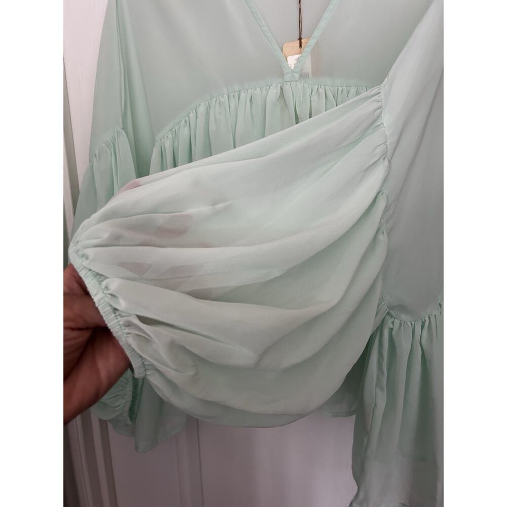 Anthropologie Mint Green Ruffle Crop Blouse - Picture 9 of 13